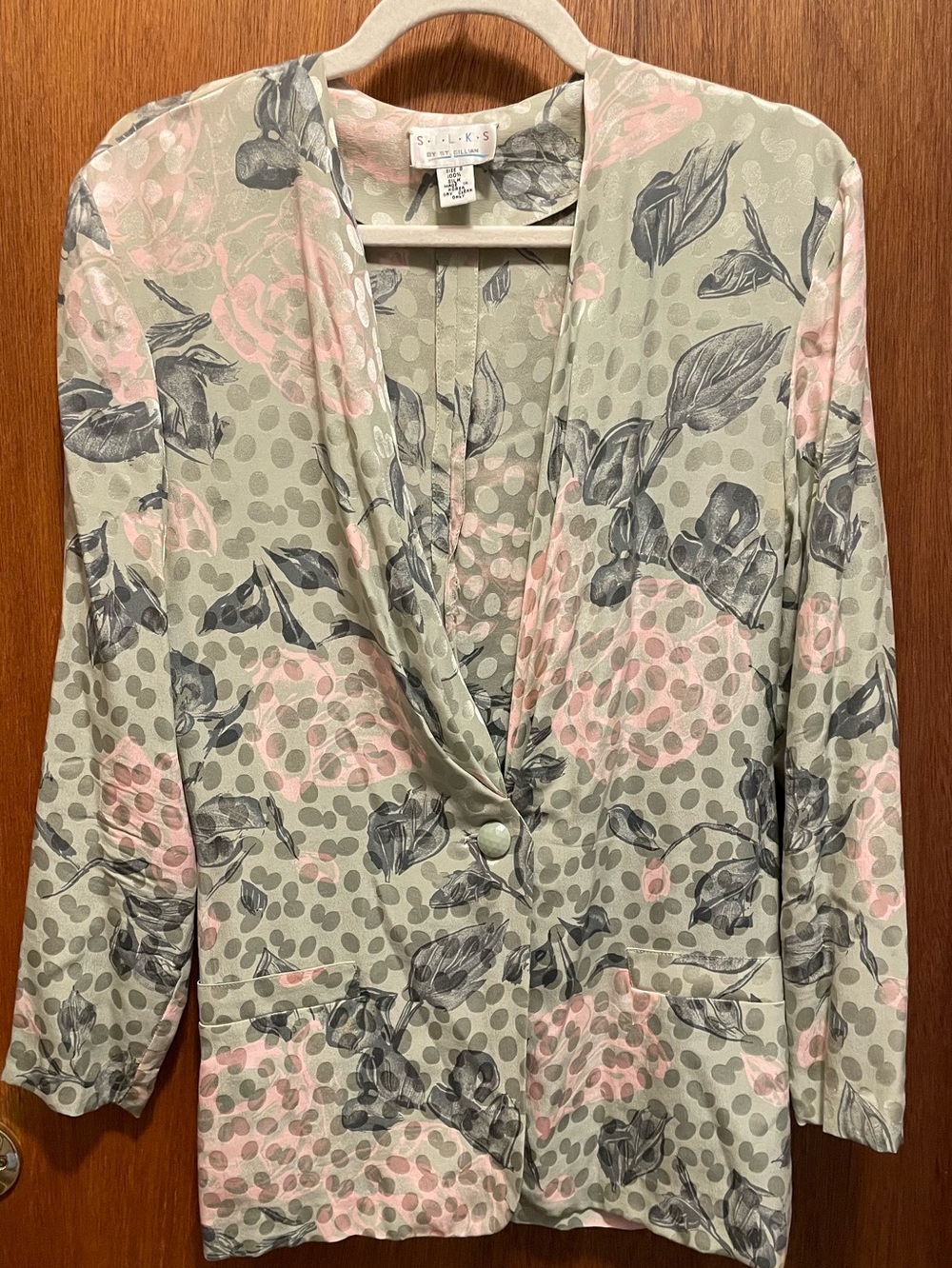 Silk Floral Polka Dot Blazer in Sage Green and Pink